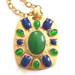 Gold Blue & Emerald Pendant Necklace